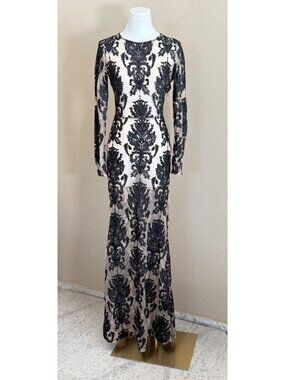 For Love & Lemons Long Sleeve ETHEREAL Baroque Maxi Dress Nude Black